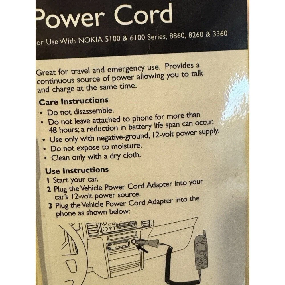 NOKIA CAR POWER CORD AT&T WIRELESS 12V PLUG- 5100, 6100, 8860, 8260 & 3360